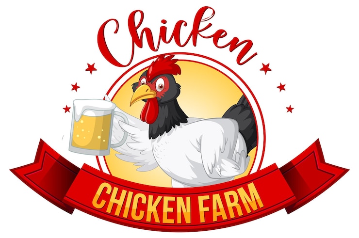 Vetor grátis frango segurando personagem de desenho animado de cerveja com banner de fazenda de frango