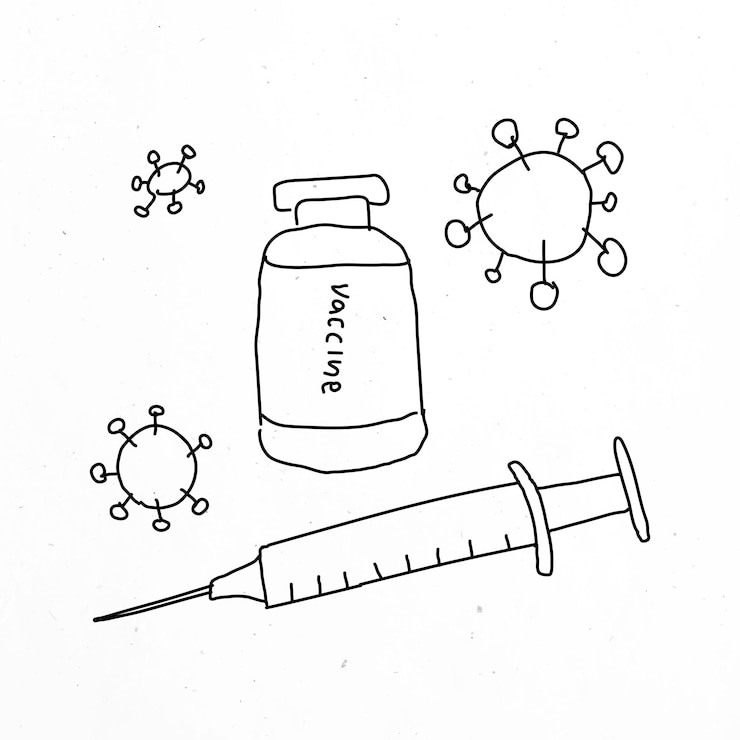 Vetor grátis frasco de ilustração de doodle de vetor de injeção de vacina com doodle de agulha para ensaio clínico