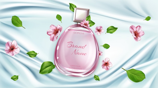 Vetor grátis frasco de perfume com flores de sakura publicidade