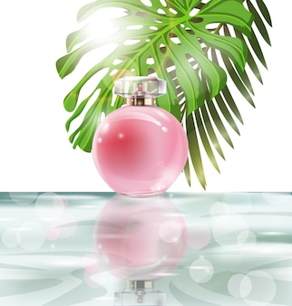 Frasco de perfume rosa lindo sobre um fundo de água e as folhas das palmeiras. fundo de verão. ilustração em vetor