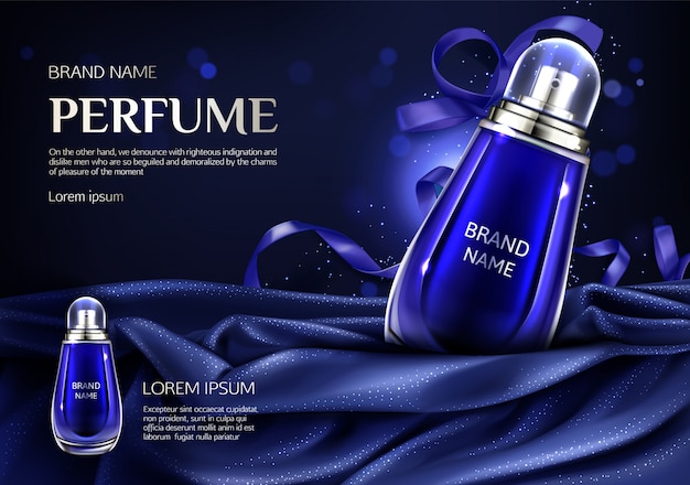 Frasco de vidro de perfume em tecido dobrado seda azul