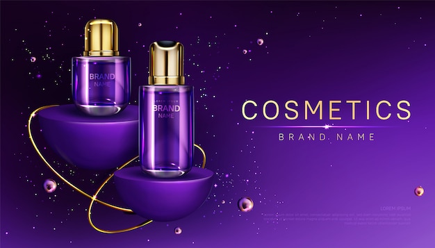 Frascos de cosméticos no banner de anúncio de perfume de pódio