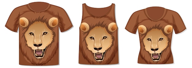 Frente da camiseta com modelo de rosto de leão