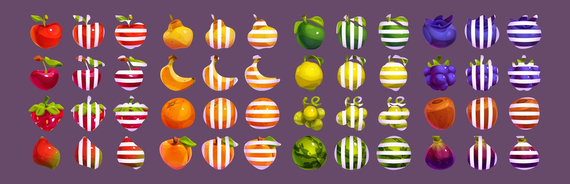 Fruta de jogo móvel ui isolada com ilustração de listras brancas para  caça-níqueis maçã laranja melancia e quebra-cabeça de uvas conjunto  brilhante com coleção de interface de aplicativo png de listras verticais