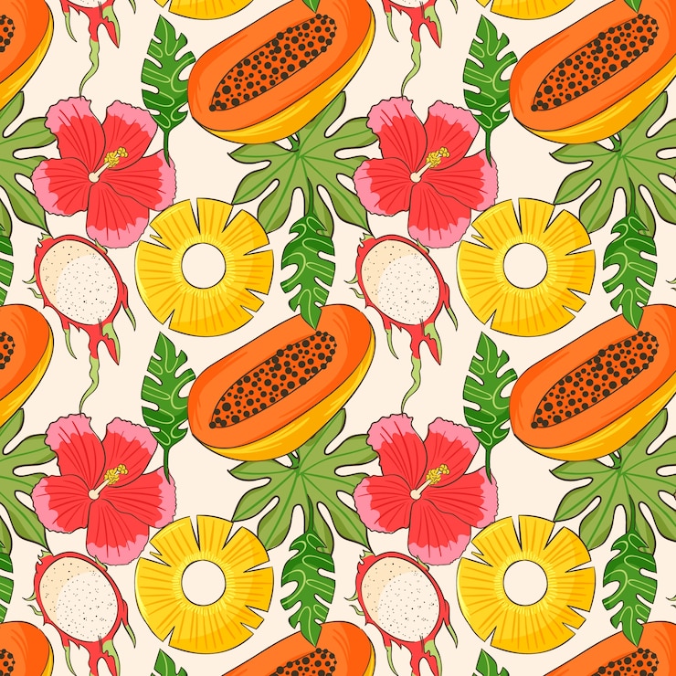 Vetor grátis frutas desenhadas à mão e padrão floral