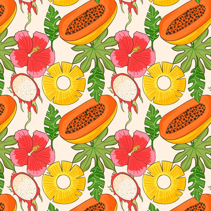 Vetor grátis frutas desenhadas à mão e padrão floral