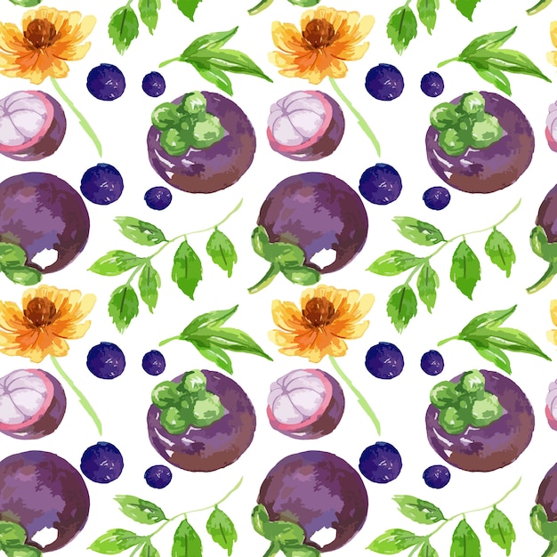 Frutas em aquarela e design de padrão floral