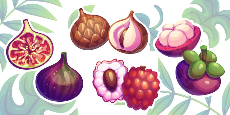 Vetor grátis frutas tropicais inteiras e cortadas