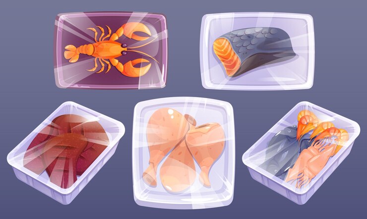 Vetor grátis frutos do mar e carne congelados em embalagens de plástico