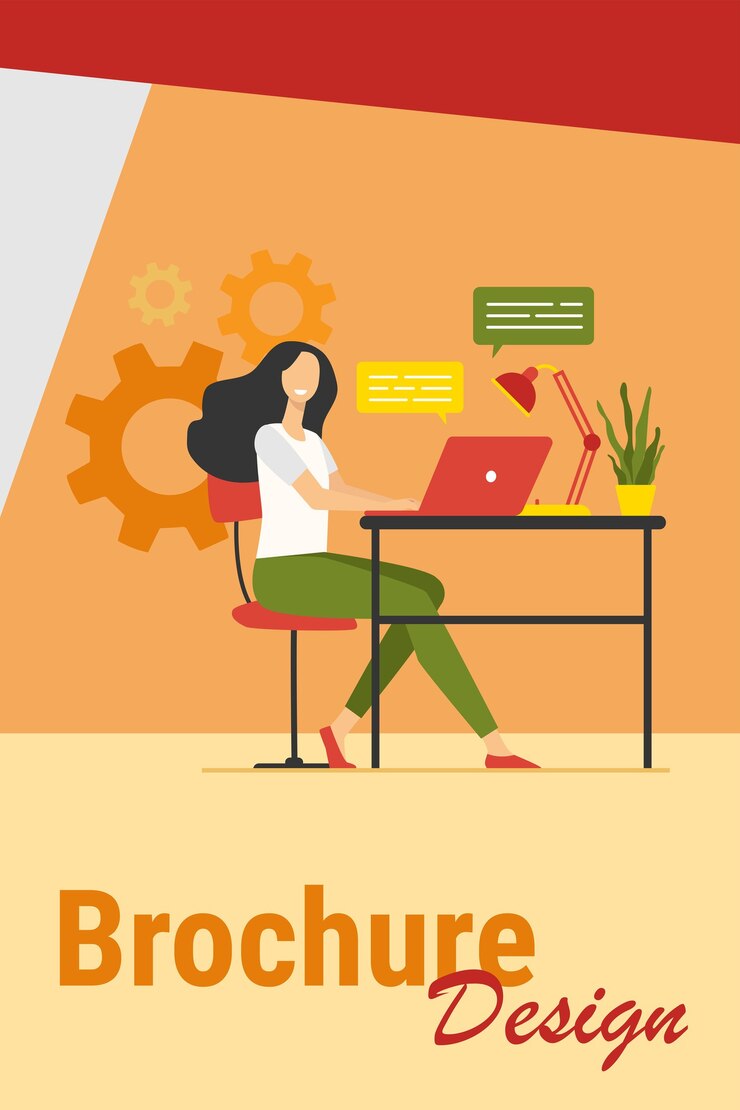 Vetor grátis funcionário alegre trabalhando no laptop no escritório, conversando online com balões de fala. ilustração vetorial para comunicação, trabalhador feliz, conceito de sucesso de carreira.