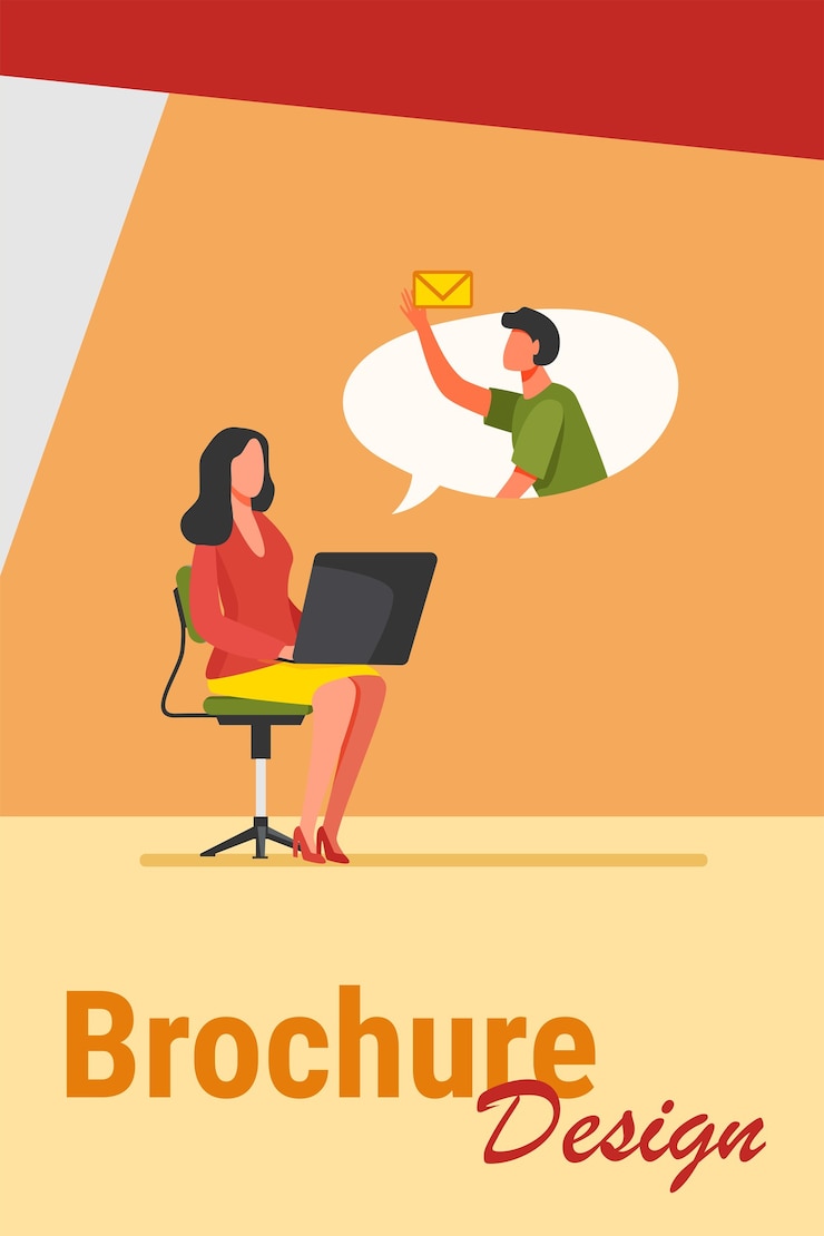 Vetor grátis funcionário de escritório com laptop enviando ou recebendo mensagem. colegas, computador, ilustração em vetor plana e-mail. conceito de comunicação de internet para banner, design de site ou página de destino