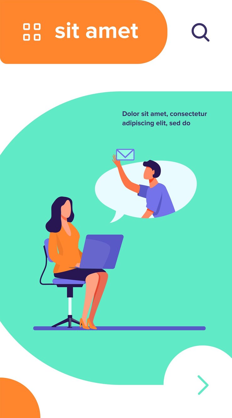 Vetor grátis funcionário de escritório com laptop enviando ou recebendo mensagem. colegas, computador, ilustração vetorial plana de e-mail