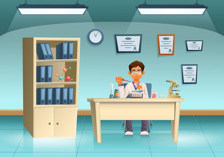Vetor grátis funcionário do laboratório de composição de cientistas dos desenhos animados está estudando algo ou conduzindo um experimento em sua ilustração de escritório
