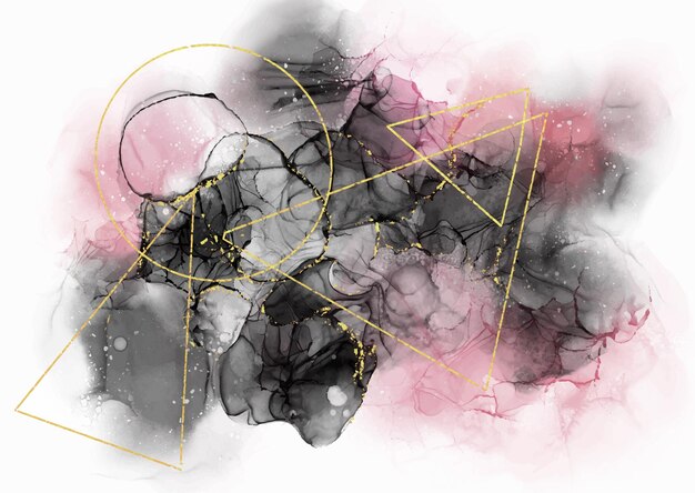 Fundo abstrato de tinta de álcool pintado à mão com formas geométricas de ouro