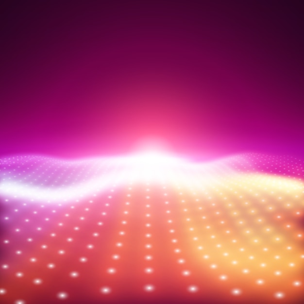 Vetor grátis fundo abstrato do vetor com luzes de néon coloridas formando uma superfície ondulada. fluxo de superfície cibernética de néon. alívio cibernético colorido suave de partículas brilhantes.