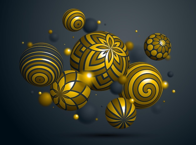 Fundo abstrato do vetor de esferas douradas, composição de bolas voadoras decoradas com padrões de ouro brilhante, globos realistas de variedade mista 3d com ornamentos, profundidade de efeito de campo realista.