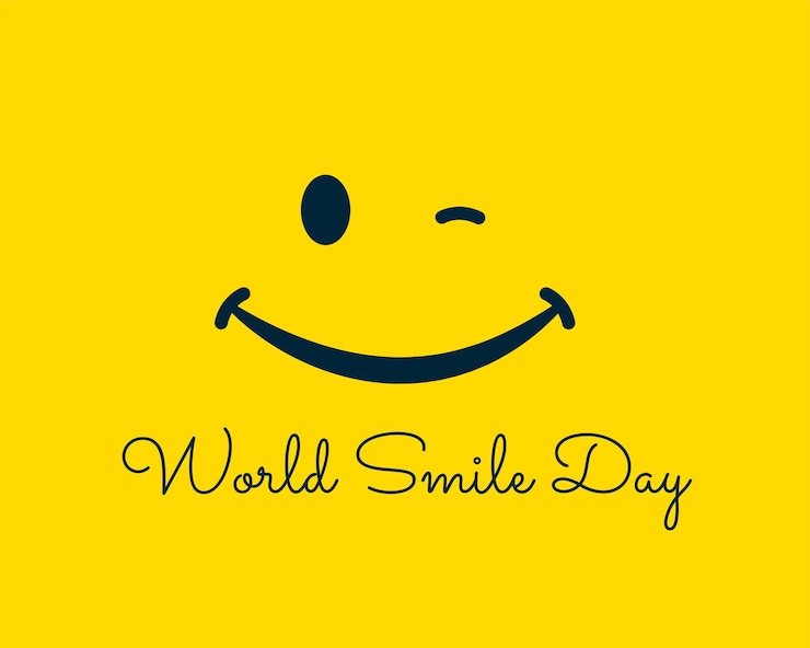 Vetor grátis fundo amarelo do dia mundial do sorriso com humor alegre com vetor de carinha sorridente