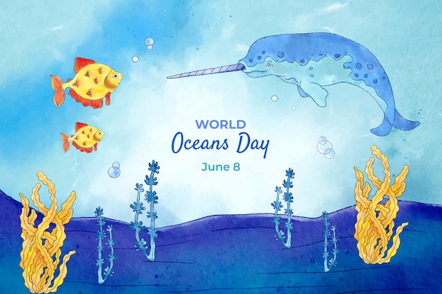 Vetor grátis fundo aquarela para o dia mundial dos oceanos com criaturas aquáticas