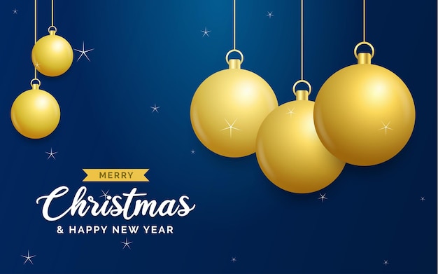 Vetor grátis fundo azul de natal com bolas douradas brilhantes penduradas feliz natal cartão de férias natal e ano novo cartaz web banner ilustração vetorial