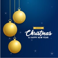 Vetor grátis fundo azul de natal com bolas douradas brilhantes penduradas feliz natal cartão de férias natal e ano novo cartaz web banner ilustração vetorial
