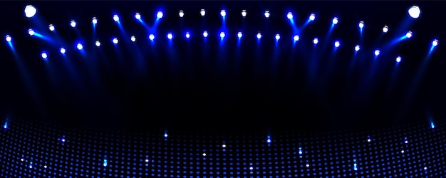 Vetor grátis fundo azul do vetor da luz da arena do estádio de futebol esporte jogo holofotes à noite no palco do futebol iluminação do projetor de campo abstrato na ilustração do chão cena de competição brilhante campeão vazio
