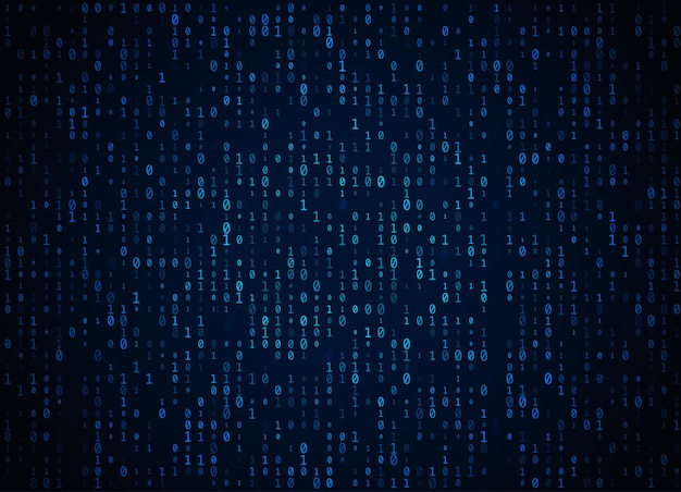 Fundo azul escuro do código binário do vetor. big data e hacking de programação, descriptografia profunda e criptografia, números de streaming de computador 1,0. conceito de codificação ou hacker.