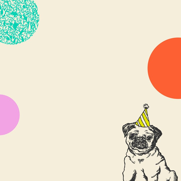 Vetor grátis fundo bege bonito de aniversário com cachorro pug vintage em chapéu de cone de festa