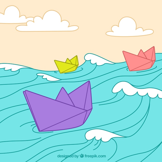 Fundo colorido com barcos de papel desenhados à mão