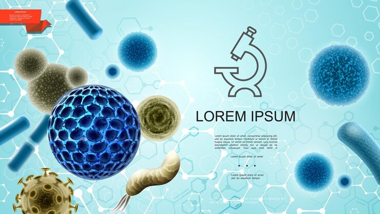 Vetor grátis fundo colorido de microbiologia realista com ícone de microscópio de bactérias de vírus e ilustração da estrutura molecular