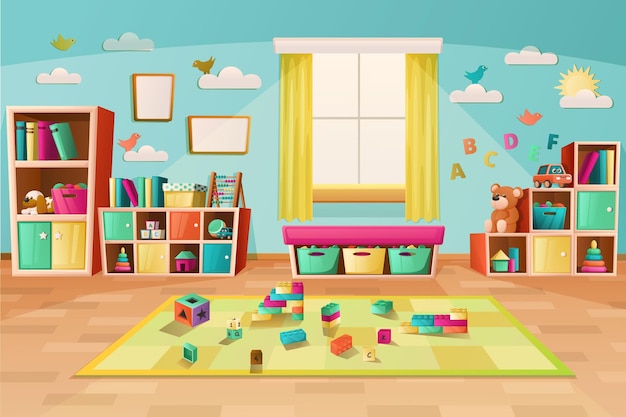 Fundo colorido do interior da sala de jogos do jardim de infância com brinquedos de móveis e livros ilustração vetorial de desenho animado