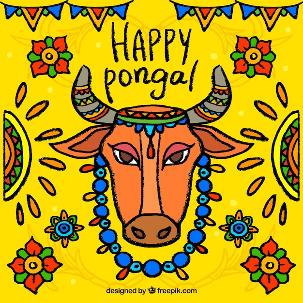 Vetor grátis fundo colorido pongal com vaca e os elementos florais