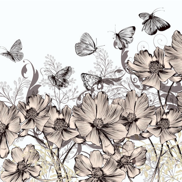 Fundo com flores e borboletas