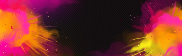 Vetor grátis fundo com modelo de banner de explosão de tintas para o festival holi com nuvens de pó rosa amarelo e laranja borda horizontal com salpicos de cor nuvens coloridas ilustração em vetor 3d realista