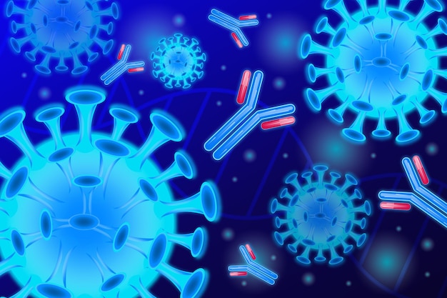 Fundo com partículas de vírus interagindo com moléculas de anticorpo