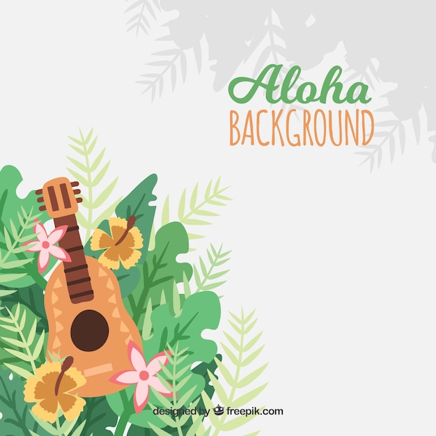 Fundo com ukulele e decoração de folhas