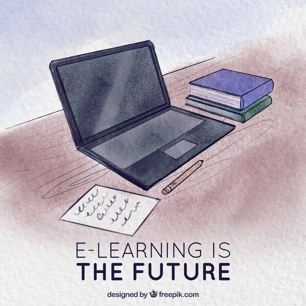 Fundo da aguarela com laptop para a educação on-line