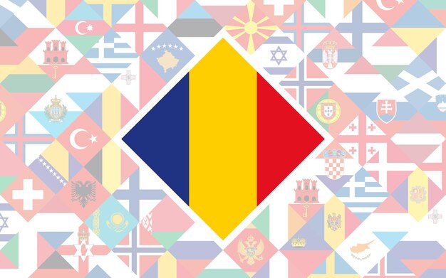 Fundo da bandeira dos países europeus com a grande bandeira da romênia no centro para as competições de futebol.