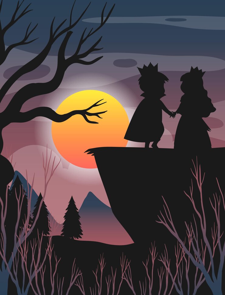 Vetor grátis fundo da noite de halloween com a silhueta do príncipe e da princesa
