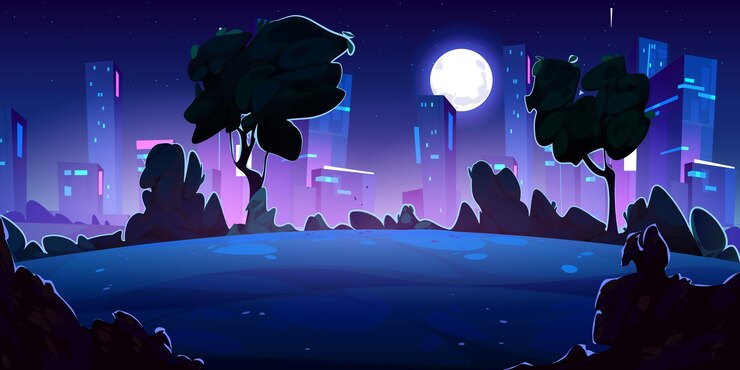 Vetor grátis fundo da paisagem urbana à noite e parque urbano iluminado pela lua