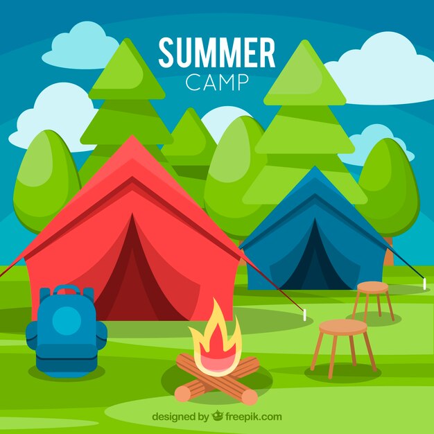 Fundo de acampamento de verão com tendas coloridas