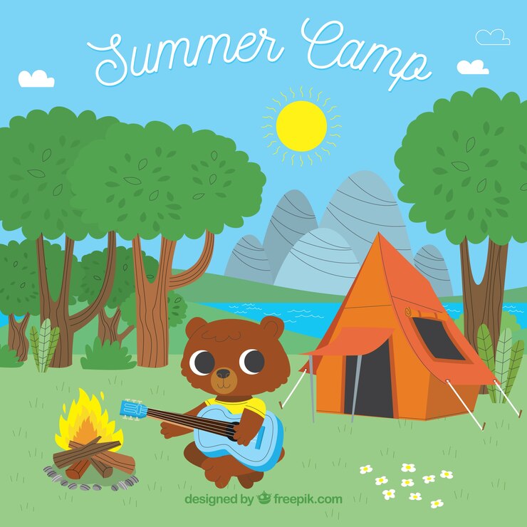 Vetor grátis fundo de acampamento de verão com urso fofo jogando