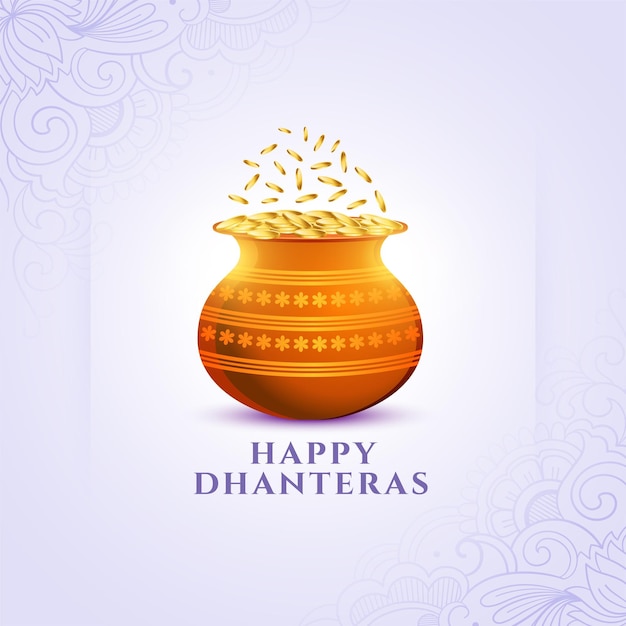 Fundo de adoração alegre e feliz de dhanteras com vetor de design de pote de moeda dourada