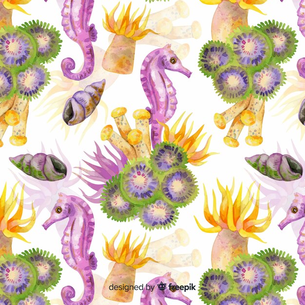 Fundo de animais de coral e mar aquarela