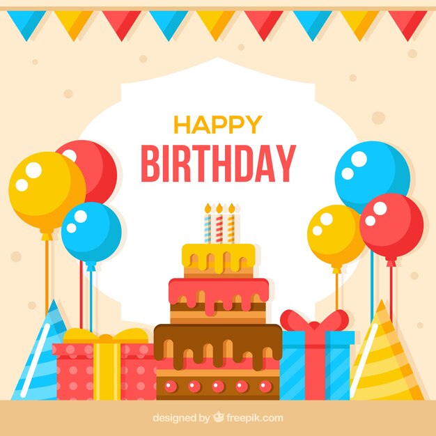 Fundo de aniversário com bolo e decoração em design plano