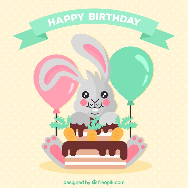 Vetor grátis fundo de aniversário com coelho e bolo em design plano