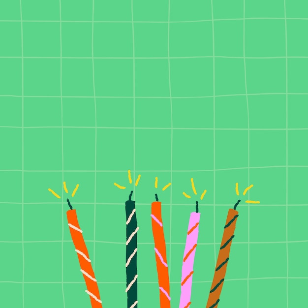 Fundo de aniversário de grade verde com velas de doodle fofas