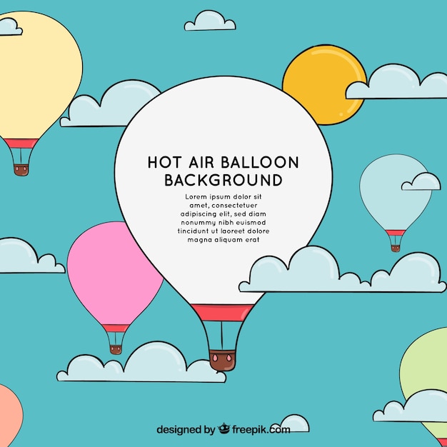Fundo de balões de ar quente com céu desenhado na mão estilo