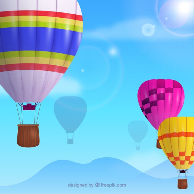 Fundo de balões de ar quente no céu com nuvens