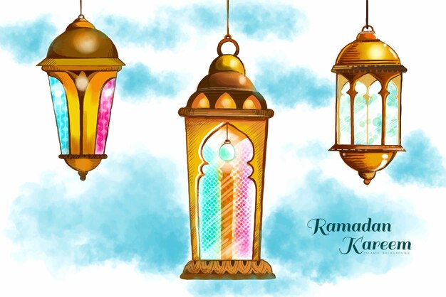 Vetor grátis fundo de cartão de três lâmpadas islâmicas tradicionais coloridas de ramadan kareem