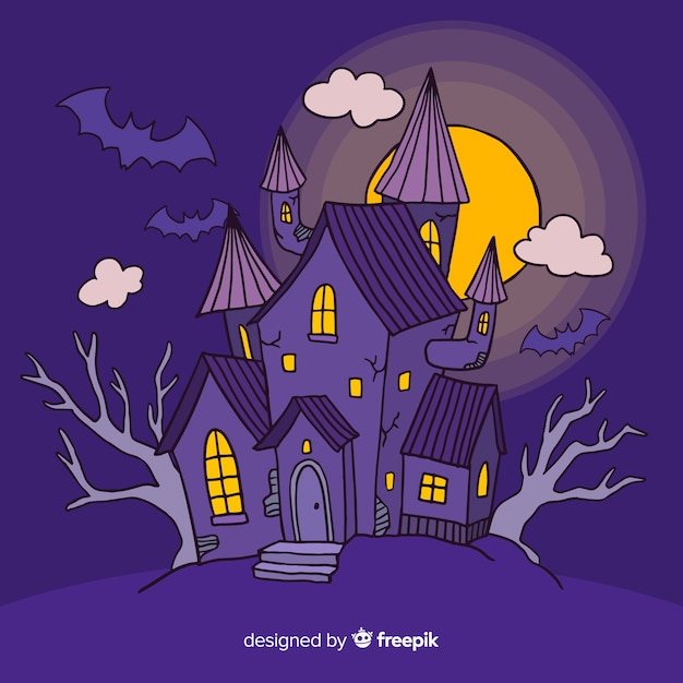 Fundo de casa de halloween com lua cheia na mão desenhada estilo